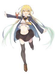 Rule 34 | 10s, 1girl, adapted costume, armband, belt, black skirt, black thighhighs, blonde hair, blue hair, crescent, crescent pin, crop top, full body, gi (melmail), gradient hair, hair between eyes, highres, jacket, kantai collection, loafers, long sleeves, looking at viewer, low twintails, midriff, multicolored hair, navel, necktie, open mouth, outstretched arms, satsuki (kancolle), satsuki kai ni (kancolle), school uniform, shoes, simple background, skirt, solo, standing, standing on one leg, thighhighs, twintails, white background, yellow eyes, yellow necktie