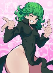 Rule 34 | 1girl, black dress, breasts, collarbone, covered navel, cowboy shot, curly hair, dress, green eyes, green hair, grin, hand up, medium breasts, medium hair, no panties, one-punch man, one eye closed, out of character, pink background, shiny skin, slammo, smile, solo, tatsumaki, teeth