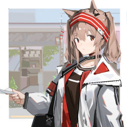 Rule 34 | 1girl, ^^^, absurdres, angelina (arknights), animal ears, arknights, bag, black choker, blush, chichi guai, choker, closed mouth, day, fox ears, hairband, highres, holding, jacket, long sleeves, looking at viewer, notice lines, open clothes, open jacket, outdoors, red eyes, red hairband, short hair, short twintails, shoulder bag, solo, twintails, two-tone hairband, upper body, white jacket