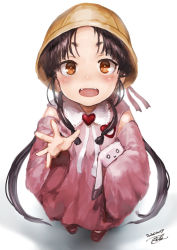 Rule 34 | 1girl, :d, alternate hairstyle, black hair, brown eyes, cosplay, dated, full body, hat, kantai collection, kindergarten uniform, long hair, nisshin (kancolle), open mouth, school hat, short eyebrows, signature, simple background, sleeves past fingers, sleeves past wrists, smile, solo, standing, teeth, thick eyebrows, toka (marchlizard), tsukuyomi ai, tsukuyomi ai (cosplay), upper teeth only, voiceroid, white background, wide sleeves, yellow hat