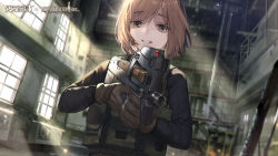 Rule 34 | 1girl, ammunition, brown eyes, brown hair, bullet, bullpup, crossover, crying, crying with eyes open, factory, fn 5.7x28mm, girls&#039; frontline, guest character, guest fighter, gun, gunslinger girl, handgun cartridge, henrietta (gunslinger girl), high-capacity magazine, highres, horizontal magazine, looking at viewer, military cartridge, official art, p90, pdw cartridge, personal defense weapon, pistol cartridge, ruins, see-through, solo, submachine gun, tears, weapon, window