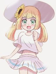 Rule 34 | 1girl, :d, alternate hairstyle, blonde hair, blush, clenched hand, commentary, creatures (company), eyelashes, flower, game freak, green eyes, hair flower, hair ornament, hand up, hat, lillie (pokemon), long hair, looking at viewer, miin (toukotouya), nintendo, open mouth, pleated skirt, pokemon, pokemon sm, shirt, short sleeves, skirt, smile, solo, sun hat, sunflower, tongue, twintails, white hat, white shirt, white skirt
