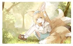Rule 34 | 1girl, absurdres, animal ears, arknights, blonde hair, blue hairband, blue skirt, bobby socks, brown footwear, cardigan, commentary, fox ears, fox girl, fox tail, from side, full body, green eyes, hairband, highres, ic (iccccccccc81), kitsune, knees up, kyuubi, long hair, long sleeves, multiple tails, neck ribbon, official alternate costume, on ground, open mouth, outdoors, puffy long sleeves, puffy sleeves, red ribbon, ribbon, sitting, skirt, socks, solo, suzuran (arknights), suzuran (spring praise) (arknights), tail, white cardigan, white socks