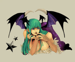 Rule 34 | 1008 (noble), 1girl, animal print, bat print, bat wings, black nails, blue eyes, boots, breasts, capcom, chiba (noble), cleavage, demon girl, elbow gloves, finger to mouth, fingerless gloves, full body, gloves, green hair, head wings, large breasts, morrigan aensland, nail polish, pantyhose, print pantyhose, simple background, solo, star (symbol), vampire (game), wings