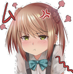 Rule 34 | &gt;:t, 10s, 1girl, :t, anger vein, ascot, blonde hair, blush, bow, bowtie, brown hair, close-up, double bun, hair bun, kantai collection, looking at viewer, michishio (kancolle), pout, ribbon, school uniform, serafuku, short hair, short twintails, simple background, solo, suspenders, tai (nazutai), tears, twintails, v-shaped eyebrows, white background, yellow eyes