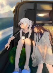 1boy 2girls black_shirt cloud cloudy_sky day dress earrings elf evening fern_(sousou_no_frieren) food frieren fruit hat head_on_another&#039;s_shoulder higemu highres jewelry knees_up long_hair motor_vehicle multiple_girls pickup_truck pointy_ears purple_hair shirt sky sleeping sleeping_on_person slippers sousou_no_frieren stark_(sousou_no_frieren) straw_hat truck twintails watermelon white_dress white_hair