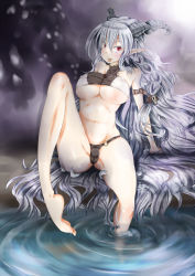 Rule 34 | :p, absurdres, arm strap, barefoot, blush, breasts, covered erect nipples, demon girl, earrings, halterneck, halterneck, highres, horns, jewelry, large breasts, long hair, navel, pointy ears, red eyes, silver hair, skindentation, solo, taikuu misairu, tongue, tongue out, underboob, very long hair