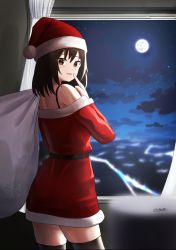 Rule 34 | 1girl, black hair, blush, brown eyes, finger to mouth, from behind, keiyo earth, looking at viewer, looking back, moon, night, open mouth, santa costume, signature, sky, smile, solo, standing, star (sky), starry sky, thighhighs, zettai ryouiki