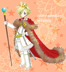 Rule 34 | 1boy, alternate costume, blonde hair, blue eyes, boots, cape, cloud strife, final fantasy, final fantasy vii, floral background, full body, fur-trimmed cape, fur trim, gloves, gold belt, hand on own hip, happy birthday, holding, holding scepter, jacket, long sleeves, male focus, mini cooper, pants, poyon, red cape, scepter, short hair, solo, spiked hair, square enix, white footwear, white gloves, white jacket, white pants