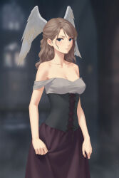Rule 34 | 1girl, bare shoulders, blue eyes, blurry, blurry background, breasts, brown hair, collarbone, corset, covered erect nipples, dress, eunie (xenoblade), head wings, highres, long hair, looking at viewer, medium breasts, miura-n315, solo, strapless, strapless dress, wings, xenoblade chronicles (series), xenoblade chronicles 3