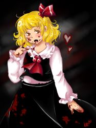 Rule 34 | 1girl, ascot, bad deviantart id, bad id, blonde hair, blood, blood in mouth, blood on clothes, blood on face, blood on hands, blouse, fang, hair ribbon, heart, open mouth, ribbon, rumia, shirt, short hair, skirt, touhou, uriko77, vest