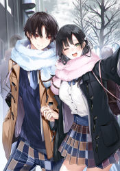 Rule 34 | 1boy, 1girl, bag, black coat, black hair, blue cardigan, blue necktie, brown coat, brown eyes, cardigan, coat, collared shirt, dress shirt, green eyes, highres, holding hands, interlocked fingers, kakao (chocolate land), long hair, looking at another, necktie, one eye closed, open clothes, open coat, open mouth, original, outdoors, outstretched arm, pants, plaid, plaid pants, plaid skirt, reaching, reaching towards viewer, scarf, school bag, school uniform, selfie, shirt, short hair, skirt, smile, white shirt, winter