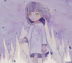 Rule 34 | 1girl, artist name, feet out of frame, fire, grey eyes, heart, heart-shaped pupils, highres, hole in chest, hole on body, kapura, long hair, long sleeves, looking at viewer, original, parted lips, purple hair, purple shirt, purple theme, shirt, signature, solo, symbol-shaped pupils, white fire