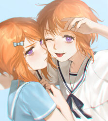 Rule 34 | 2girls, ;p, alternate costume, arm up, blue background, blue ribbon, blue sailor collar, bow, closed mouth, commentary request, elpeo puru, gundam, gundam zz, hair bow, heads together, looking at viewer, multiple girls, one eye closed, orange hair, purple eyes, puru two, ribbon, sailor collar, school uniform, serafuku, short hair, short sleeves, sidelocks, simple background, tongue, tongue out, ususio 11, white bow, white sailor collar