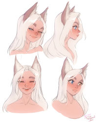 Rule 34 | 1girl, animal ears, blue eyes, body freckles, completely nude, facing viewer, fox ears, freckles, highres, losse (personal ami), multiple views, nude, orange eyes, original, parted lips, personal ami, portrait, profile, signature, simple background, smile, white background, white hair