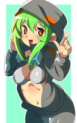 Rule 34 | 1girl, artist request, border, breasts, digimon, green background, green hair, hood, hoodie, jacket, large breasts, looking at viewer, navel, open clothes, open jacket, open mouth, shinomiya rina, smile, white border, wide hips