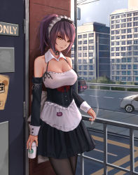 Rule 34 | 1girl, apron, black dress, black pantyhose, breasts, building, car, cigarette, city, cityscape, closed mouth, coffee cup, cowboy shot, cup, day, detached sleeves, disposable cup, dress, driving, highres, holding, holding cigarette, holding cup, large breasts, maid, maid apron, maid headdress, mole, mole under eye, motor vehicle, original, outdoors, pantyhose, ponytail, purple hair, revision, road, short dress, smoke, solo, standing, starbucks, waist apron, white apron, wrist cuffs, yellow eyes, yuzuriha (atelier liang)