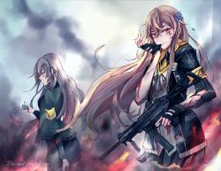 Rule 34 | 2girls, armband, assault rifle, biting, black gloves, black jacket, black legwear, black skirt, blood, blood on face, brown eyes, brown hair, closed mouth, cocoka, crying, crying with eyes open, fingerless gloves, fire, fire, floating, floating hair, flower, girls&#039; frontline, glove biting, glove pull, gloves, grey hair, gun, h&amp;k ump, h&amp;k ump, hair between eyes, hair flower, hair ornament, heckler &amp; koch, highres, holding, holding flower, holding gun, holding weapon, hood, hooded jacket, jacket, long hair, long sleeves, looking at viewer, looking to the side, multiple girls, open clothes, open jacket, pantyhose, petals, ribbon, rifle, scar, scar across eye, scar on face, shirt, simple background, skirt, standing, submachine gun, tears, torn clothes, ump40 (girls&#039; frontline), ump45 (girls&#039; frontline), weapon, white shirt, yellow eyes