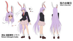 Rule 34 | 1girl, absurdres, animal ears, black jacket, blouse, brown footwear, buttoned cuffs, buttons, character sheet, collared shirt, highres, jacket, light purple hair, loafers, long hair, long sleeves, multiple views, necktie, pink shirt, pink skirt, pleated skirt, purple hair, rabbit ears, rabbit girl, rabbit tail, red eyes, red necktie, reisen udongein inaba, shirt, shoes, skirt, socks, standing, step arts, tail, touhou, very long hair, white shirt, white socks