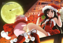 Rule 34 | 10s, 1boy, 1girl, :d, absurdres, accel world, alternate costume, antenna hair, arita haruyuki, bare legs, black hair, blush, boots, bow, bowtie, box, breasts, brown eyes, christmas, cross-laced footwear, dress, flying, from below, full moon, fur trim, gift, gift box, gloves, hat, highres, holding, holding gift, knee boots, knees together feet apart, kuroyukihime, lace, lace-trimmed dress, lace trim, leg grab, legs, long hair, megami deluxe, megami magazine, moon, night, night sky, official art, open mouth, outdoors, over shoulder, pig, pom pom (clothes), red dress, red gloves, reindeer, sack, santa costume, santa hat, scan, scarf, shinno jitsumimi, short dress, silhouette, sitting, sky, sleigh, small breasts, smile, sparkle, strapless, strapless dress, tokyo tower, very long hair