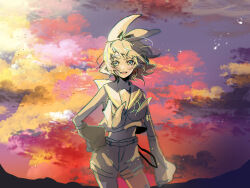 Rule 34 | 1girl, aqua eyes, bare shoulders, bow, detached sleeves, floating hair, hair bow, hair ornament, hairclip, hand on own hip, highres, kagamine rin, light blush, looking at viewer, midriff, monochrome, multicolored background, number tattoo, open mouth, orange clouds, pafufu, pink clouds, purple sky, red clouds, sailor collar, sailor shirt, shirt, shorts, shoulder tattoo, sky, sleeveless, sleeveless shirt, sleeves past fingers, sleeves past wrists, smile, solo, spot color, sunset, tattoo, treble clef, very long sleeves, vocaloid, yellow clouds