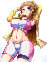 Rule 34 | 10s, 1girl, :3, animal print, arm behind head, armpits, arms up, bike shorts, blue eyes, breasts, brown hair, cameltoe, cat print, cleavage, copyright name, covered erect nipples, cowboy shot, curvy, gradient background, groin, gundam, gundam build fighters, gundam build fighters try, high ponytail, highres, hoshino fumina, impossible clothes, jacket, large breasts, light smile, long hair, long sleeves, looking at viewer, lowleg, magukappu, midriff, navel, nipples, open clothes, open jacket, own hands together, ponytail, scrunchie, shiny clothes, shorts, sidelocks, skin tight, skindentation, smile, solo, sports bra, standing, two-tone sports bra, white background, wide hips, yellow jacket