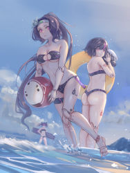 Rule 34 | 3girls, absurdres, android, ass, back, ball, barefoot, beach, beachball, bikini, black hair, breasts, cloud, countdown timer, day, doll joints, feet, girls&#039; frontline, goliath (girls&#039; frontline), guard (girls&#039; frontline), helmet, highres, holding, holding helmet, innertube, insignia, jaeger (girls&#039; frontline), joints, long hair, looking back, medium breasts, multicolored hair, multiple girls, nail polish, number tattoo, outdoors, pink eyes, pink hair, purple hair, sangvis ferri, short hair, short twintails, smile, streaked hair, swim ring, swimsuit, tattoo, toenail polish, toenails, toes, twintails, unworn headwear, unworn helmet, very long hair, vespid (girls&#039; frontline), visor, water, xyufsky