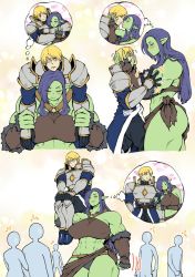 Rule 34 | 1boy, 1girl, abs, armor, ass, black sclera, blonde hair, breasts, colored sclera, colored skin, comic, commentary, eyes visible through hair, fantasy, female orc, green skin, hair over one eye, heart, height difference, huge breasts, long hair, monster girl, muscular, muscular female, nenbuta, orc, original, puffy nipples, role reversal, shaded face, silent comic, size difference, struggling, tall