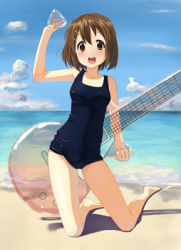 Rule 34 | 1girl, asakura ryou (artist), barefoot, beach, blush, brown eyes, brown hair, cloud, day, hino minato (spec.c), hirasawa yui, k-on!, lowres, one-piece swimsuit, open mouth, school swimsuit, smile, solo, swimsuit