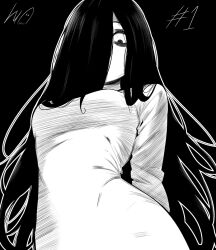 1girl black_eyes black_hair breasts female_focus large_breasts long_hair lughost monochrome the_ring yamamura_sadako