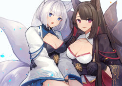 Rule 34 | 2girls, akagi (azur lane), animal ears, azur lane, black gloves, black hair, blue skirt, breasts, chrysanthemum, cleavage, cleavage cutout, closed mouth, clothing cutout, coyucom, flower, fox ears, gloves, hug, japanese clothes, kaga (azur lane), large breasts, long sleeves, looking at viewer, medium breasts, multiple girls, multiple tails, open mouth, pleated skirt, red skirt, short hair, simple background, skirt, smile, tail, white background, white hair, wide sleeves