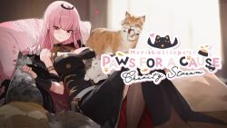 Rule 34 | 1girl, animal, black dress, blush, breasts, cat, closed eyes, couch, crown, curtains, dress, hololive, hololive english, koahri, large breasts, long hair, looking down, mori calliope, on couch, pink hair, promotional art, red eyes, smile, virtual youtuber, window