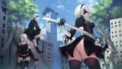 Rule 34 | 1boy, 2girls, another story, ass, black blindfold, black dress, black hairband, black legwear, blindfold, boots, breasts, building, dress, feather-trimmed sleeves, hairband, highres, leotard, leotard under clothes, looking back, mole, mole under mouth, multiple girls, nier (series), nier:automata, parted lips, ruins, side slit, sword, thighhighs, tree, weapon, 2b (nier:automata), 9s (nier:automata), a2 (nier:automata)