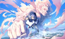 Rule 34 | 1boy, 1girl, absurdres, antenna hair, bare legs, beard, bent over, blouse, blue eyes, blue hair, blue sky, blush, capelet, clenched hands, cloud, commentary, dress, facial hair, floating, full body, highres, holding, hood, hood up, hooded capelet, hoop, incoming attack, incoming punch, jewelry, kesa, kumoi ichirin, long sleeves, looking at viewer, medium hair, parted bangs, parted lips, pink clouds, punching, ring, shirt, skirt, sky, smile, touhou, unzan, user tzvf2835
