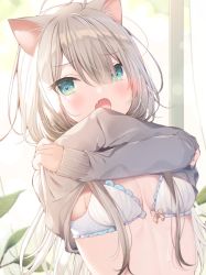 Rule 34 | 1girl, :o, animal ear fluff, animal ears, bad id, bad twitter id, blue eyes, blush, bow, bow bra, bra, breasts, cat ears, commentary, fang, grey hair, grey sweater, hair between eyes, long hair, long sleeves, looking at viewer, mafuyu (chibi21), open bra, open mouth, original, sleeves past wrists, small breasts, solo, sweater, symbol-only commentary, underwear, undressing, upper body, white bra