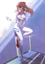 Rule 34 | 1girl, absurdres, artist request, blue eyes, blush, bodysuit, breasts, brown hair, covered navel, cowboy shot, dutch angle, evangelion: 3.0+1.0 thrice upon a time, eyepatch, full body, gloves, hair ornament, highres, long hair, looking at viewer, medium breasts, neon genesis evangelion, one eye covered, parted lips, plugsuit, rebuild of evangelion, shiny clothes, shiny skin, skin tight, solo, souryuu asuka langley, twintails, two side up, very long hair, white bodysuit, white gloves, wind