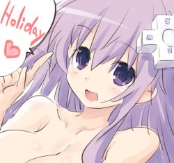 Rule 34 | 1girl, blush, breasts, cleavage, collarbone, d-pad, english text, female focus, gift, hair ornament, heart, iwashi dorobou -r-, long hair, looking at viewer, medium breasts, nepgear, neptune (series), nude, open mouth, pink hair, purple eyes, purple hair, solo, spoken heart, text focus, topless frame, upper body