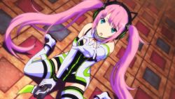 Rule 34 | 1girl, atlus, bare shoulders, blue eyes, boots, conception 2, fuuko amicus, gloves, gun, headphones, highres, kneeling, looking at viewer, pink hair, twintails, weapon