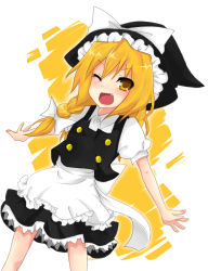 Rule 34 | 1girl, blonde hair, braid, fang, female focus, hat, kirisame marisa, side braid, skirt, solo, touhou, white background, wink, witch, witch hat, yami nabe, yellow eyes