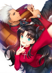 Rule 34 | 1boy, 1girl, :d, absurdres, aqua eyes, archer (fate), arm up, bad id, bad pixiv id, black hair, black pants, black ribbon, black skirt, brown eyes, crossed arms, dark-skinned male, dark skin, fate/stay night, fate (series), floating hair, from above, hair ribbon, highres, long hair, looking at viewer, looking back, looking up, miniskirt, open mouth, pants, pleated skirt, reaching, reaching towards viewer, red shirt, ribbon, selfie, shirt, silver hair, simple background, sitting, skirt, smile, tabobox, tohsaka rin, twintails, v, w, white background