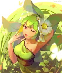 Rule 34 | 1girl, absurdres, arm behind head, artist name, bug, butterfly, crossed bangs, dress, floral background, flower, green dress, green hair, guardian tales, hair flower, hair ornament, hand up, highres, insect, kane 5g, leaf fairy aoba, one eye closed, open mouth, red eyes, short hair, sleeveless