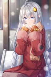 Rule 34 | 1girl, :o, ahoge, bad id, bad pixiv id, blue eyes, blush, braid, breath, breathing on hands, brown gloves, brown scarf, coat, fringe trim, gloves, grey hair, hair between eyes, hair ornament, hands up, kizuna akari, long hair, looking away, looking down, low twintails, murano, on bench, parted lips, red coat, scarf, sitting, solo, star (symbol), twin braids, twintails, very long hair, voiceroid, window