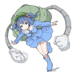 Rule 34 | 1girl, backpack, bag, bifidus (exkagerou8665), blue eyes, blue footwear, blue hair, blue shirt, blue skirt, boots, flat cap, full body, green hat, hair between eyes, hat, highres, kawashiro nitori, key, long sleeves, mechanical arms, one-hour drawing challenge, parted lips, shirt, short hair, simple background, skirt, solo, touhou, two side up, white background