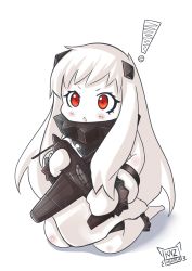 Rule 34 | !, 10s, 1girl, abyssal ship, aircraft, airplane, colored skin, dress, full body, highres, holding, horns, kantai collection, kuronekozero, long hair, looking at viewer, mittens, northern ocean princess, red eyes, seiza, simple background, sitting, solo, triangle mouth, white background, white dress, white hair, white skin