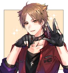 Rule 34 | 1boy, ahoge, black collar, black gloves, black shirt, blush, brown background, brown eyes, brown hair, collar, collarbone, fushimi gaku, gloves, hands up, jacket, long sleeves, looking at viewer, low ponytail, male focus, mole, mole under eye, nijisanji, open clothes, open jacket, parted bangs, parted lips, partially fingerless gloves, ponytail, red jacket, shikino yuki, shirt, solo, sparkle, upper body, virtual youtuber