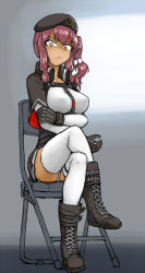 Rule 34 | 1girl, beret, boots, breasts, chair, cross-laced footwear, crossed arms, crossed legs, dark-skinned female, dark skin, dutchko, frown, girls&#039; frontline, glaring, gloves, gun, hat, jacket, lace-up boots, large breasts, legs, long hair, looking at viewer, panties, pantyshot, saiga-12, saiga-12 (girls&#039; frontline), scowl, shaded face, shotgun, side ponytail, sitting, solo, thighhighs, thighhighs under boots, underwear, weapon, white panties, yellow eyes