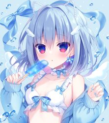 Rule 34 | 1girl, :o, bare shoulders, bikini, blue background, blue bow, blue eyes, blue hair, blue jacket, blue nails, bow, breasts, collarbone, commentary request, copyright request, food, frilled bikini, frills, hair between eyes, hair intakes, hands up, hasune, holding, holding food, jacket, long sleeves, looking at viewer, nail polish, off shoulder, open clothes, open jacket, parted lips, popsicle, puffy long sleeves, puffy sleeves, red eyes, simple background, sleeves past wrists, small breasts, solo, swimsuit, upper body, virtual youtuber, white bikini