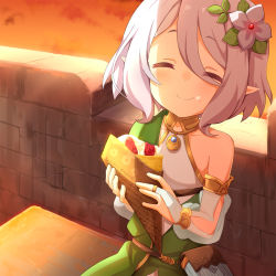 Rule 34 | 1girl, ^ ^, ame., bare shoulders, blush, brick wall, bridal gauntlets, closed eyes, closed mouth, collarbone, commentary request, cream, cream on face, crepe, detached sleeves, dress, facing viewer, flower, food, food on face, fruit, grey hair, hair between eyes, hair flower, hair ornament, highres, holding, holding food, kokkoro (princess connect!), long sleeves, on bench, outdoors, pointy ears, princess connect!, puffy long sleeves, puffy sleeves, see-through, see-through sleeves, sitting, sleeveless, sleeveless dress, smile, solo, split mouth, strawberry, sunset, white dress, white flower, white sleeves