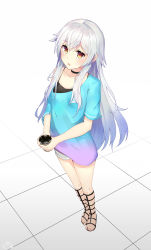 Rule 34 | 1girl, absurdres, azuma lim, azuma lim channel, black choker, black footwear, black shirt, blush, breasts, choker, collarbone, commentary request, full body, gladiator sandals, hair between eyes, highres, holding, long hair, looking at viewer, lunati, off shoulder, sandals, shirt, shorts, simple background, small breasts, solo, standing, virtual youtuber, white background, white hair, white shorts, yellow eyes