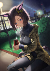 Rule 34 | 1girl, absurdres, air groove (umamusume), animal ears, bench, black pants, black sweater, blue eyes, blurry, blush, bokeh, bow, breasts, brown hair, building, bush, cup, depth of field, diffraction spikes, ear bow, highres, holding, holding cup, horse ears, horse girl, horse tail, jacket, kinoyama (0202), lamppost, long sleeves, medium breasts, night, off shoulder, open clothes, open jacket, open mouth, outdoors, own hands together, pants, short hair, sitting, solo, star (sky), steam, sweater, tail, turtleneck, turtleneck sweater, umamusume, yellow jacket
